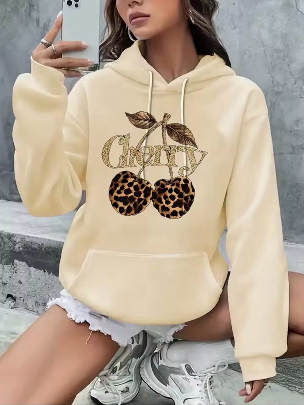 Cream Cherry Graphic Hoodie Sweatshirt